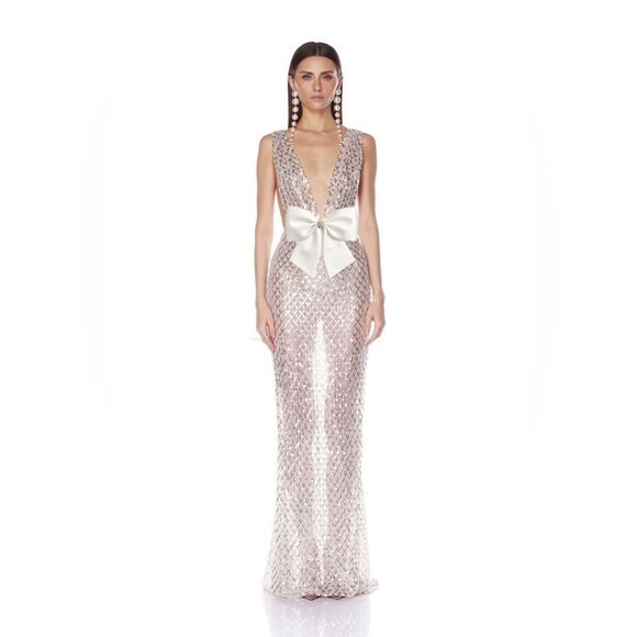 Bronx and Banco Dresses & Skirts - NWOT BRONX AND BANCO Liora Bridal Gown , Elegant Silver Evening Gown with Bow